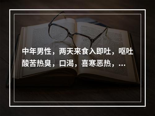 中年男性，两天来食入即吐，呕吐酸苦热臭，口渴，喜寒恶热，大