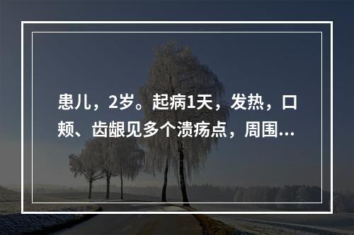 患儿，2岁。起病1天，发热，口颊、齿龈见多个溃疡点，周围焮红