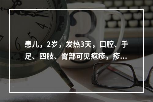 患儿，2岁，发热3天，口腔、手足、四肢、臀部可见疱疹，疹色紫