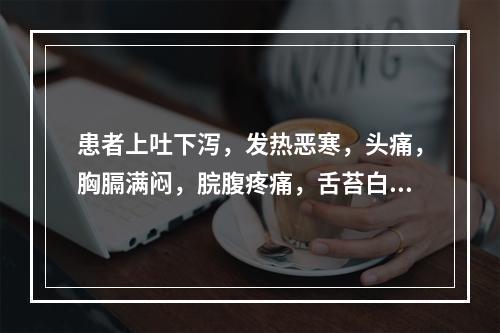 患者上吐下泻，发热恶寒，头痛，胸膈满闷，脘腹疼痛，舌苔白腻，