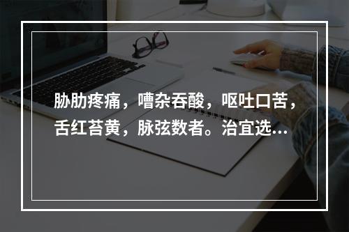 胁肋疼痛，嘈杂吞酸，呕吐口苦，舌红苔黄，脉弦数者。治宜选用