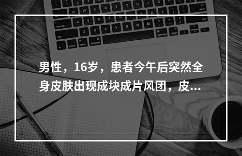 男性，16岁，患者今午后突然全身皮肤出现成块成片风团，皮肤