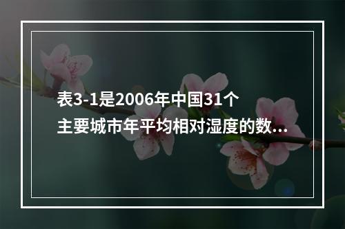 表3-1是2006年中国31个主要城市年平均相对湿度的数据（