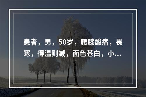 患者，男，50岁，腰膝酸痛，畏寒，得温则减，面色苍白，小便清