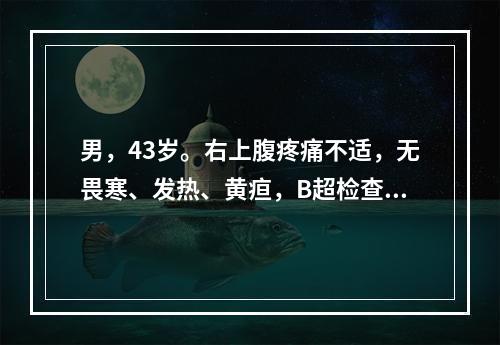 男，43岁。右上腹疼痛不适，无畏寒、发热、黄疸，B超检查时右