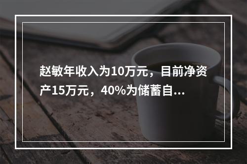 赵敏年收入为10万元，目前净资产15万元，40%为储蓄自备款