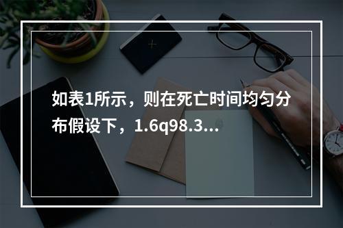 如表1所示，则在死亡时间均匀分布假设下，1.6q98.3=（