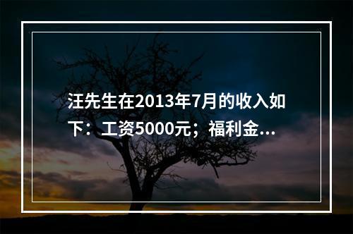 汪先生在2013年7月的收入如下：工资5000元；福利金30