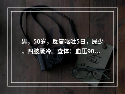 男，50岁，反复呕吐5日，尿少，四肢厥冷。查体：血压90/6