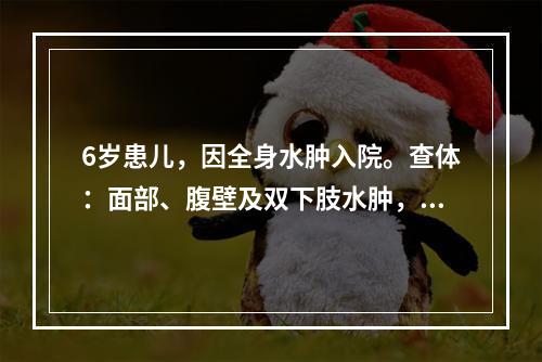 6岁患儿，因全身水肿入院。查体：面部、腹壁及双下肢水肿，阴囊