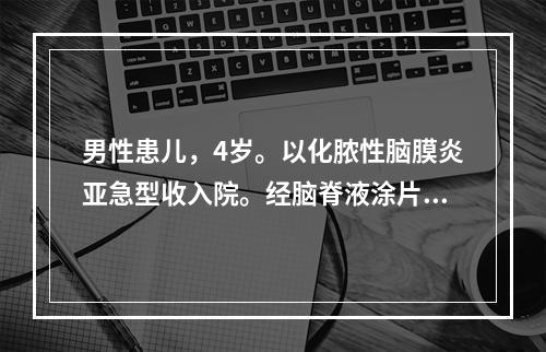 男性患儿，4岁。以化脓性脑膜炎亚急型收入院。经脑脊液涂片革兰