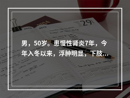 男，50岁。患慢性肾炎7年，今年入冬以来，浮肿明显，下肢肿按