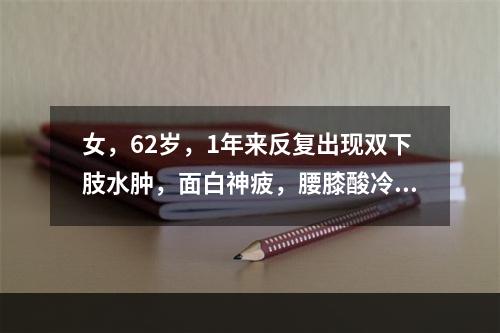 女，62岁，1年来反复出现双下肢水肿，面白神疲，腰膝酸冷，舌