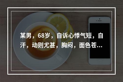 某男，68岁，自诉心悸气短，自汗，动则尤甚，胸闷，面色苍白；