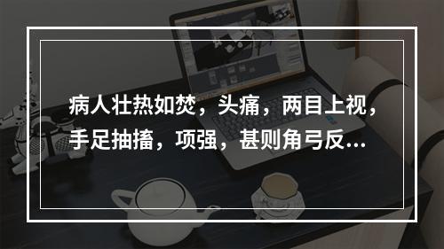 病人壮热如焚，头痛，两目上视，手足抽搐，项强，甚则角弓反张，