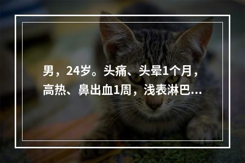 男，24岁。头痛、头晕1个月，高热、鼻出血1周，浅表淋巴结不