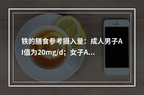 铁的膳食参考摄入量：成人男子AI值为20mg/d；女子AI值