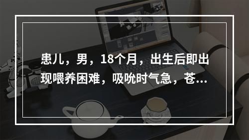 患儿，男，18个月，出生后即出现喂养困难，吸吮时气急，苍白，