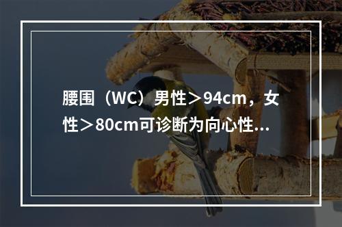 腰围（WC）男性＞94cm，女性＞80cm可诊断为向心性肥胖