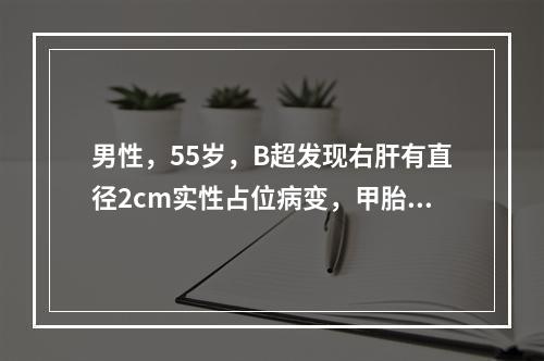 男性，55岁，B超发现右肝有直径2cm实性占位病变，甲胎蛋白