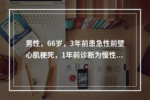 男性，66岁，3年前患急性前壁心肌梗死，1年前诊断为慢性心力