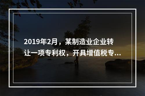 2019年2月，某制造业企业转让一项专利权，开具增值税专用发