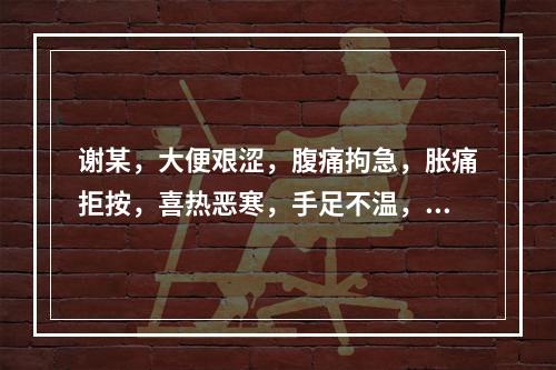 谢某，大便艰涩，腹痛拘急，胀痛拒按，喜热恶寒，手足不温，呃逆