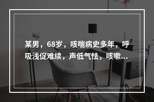 某男，68岁，咳喘病史多年，呼吸浅促难续，声低气怯，咳嗽，痰