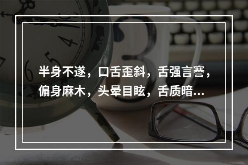 半身不遂，口舌歪斜，舌强言謇，偏身麻木，头晕目眩，舌质暗淡，