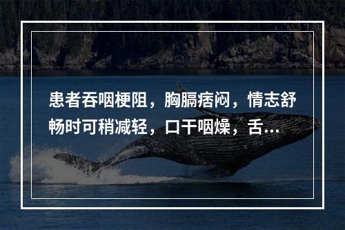 患者吞咽梗阻，胸膈痞闷，情志舒畅时可稍减轻，口干咽燥，舌偏红