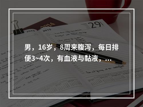 男，16岁，8周来腹泻，每日排便3~4次，有血液与黏液，有里