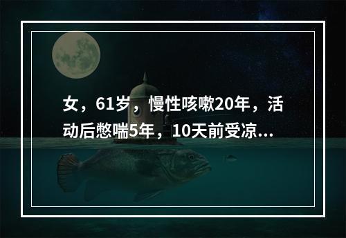 女，61岁，慢性咳嗽20年，活动后憋喘5年，10天前受凉后出