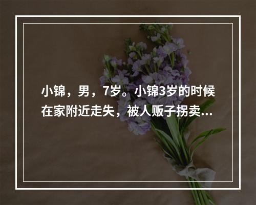 小锦，男，7岁。小锦3岁的时候在家附近走失，被人贩子拐卖到了