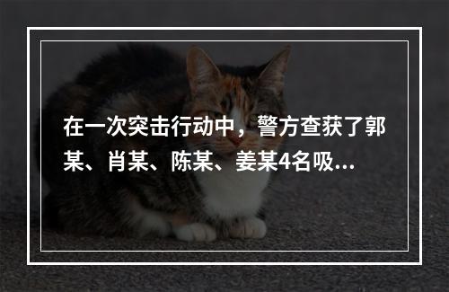 在一次突击行动中，警方查获了郭某、肖某、陈某、姜某4名吸毒人