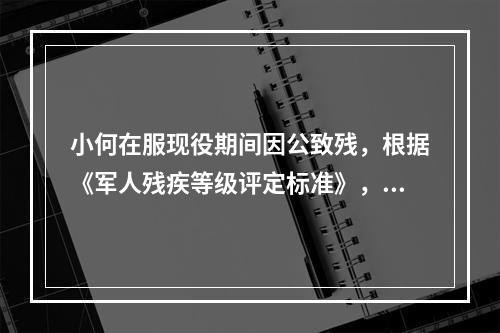 小何在服现役期间因公致残，根据《军人残疾等级评定标准》，其被