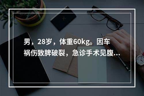 男，28岁，体重60kg。因车祸伤致脾破裂，急诊手术见腹腔积