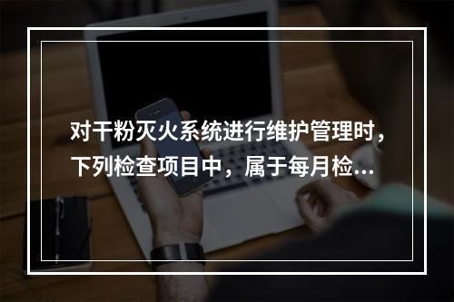 对干粉灭火系统进行维护管理时，下列检查项目中，属于每月检查一