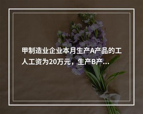 甲制造业企业本月生产A产品的工人工资为20万元，生产B产品的