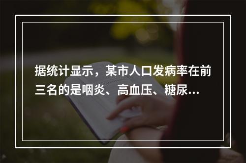 据统计显示，某市人口发病率在前三名的是咽炎、高血压、糖尿病。