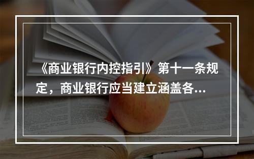 《商业银行内控指引》第十一条规定，商业银行应当建立涵盖各项业