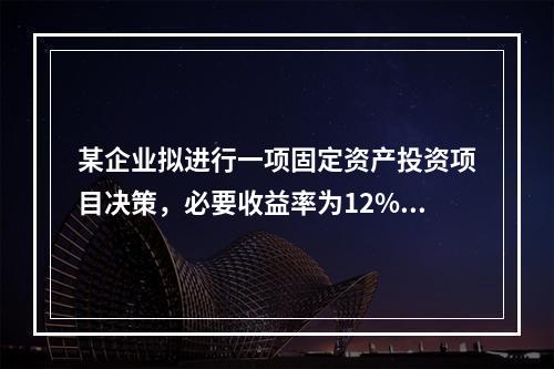 某企业拟进行一项固定资产投资项目决策，必要收益率为12%，有