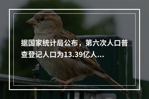 据国家统计局公布，第六次人口普查登记人口为13.39亿人，