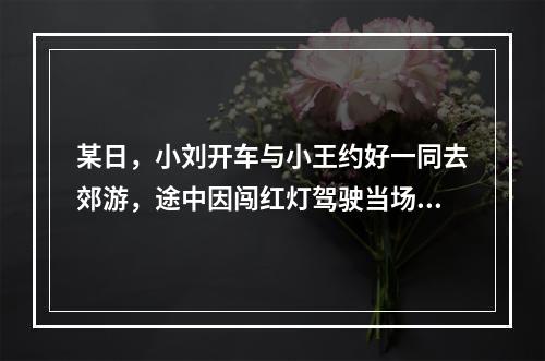 某日，小刘开车与小王约好一同去郊游，途中因闯红灯驾驶当场将