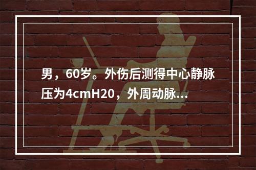 男，60岁。外伤后测得中心静脉压为4cmH20，外周动脉血压