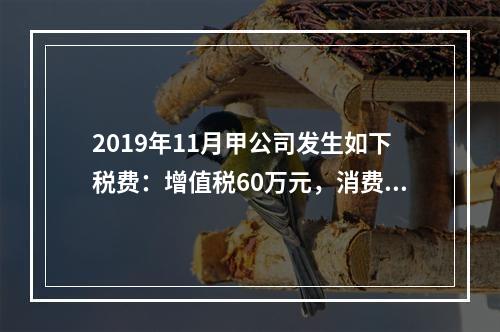 2019年11月甲公司发生如下税费：增值税60万元，消费税8