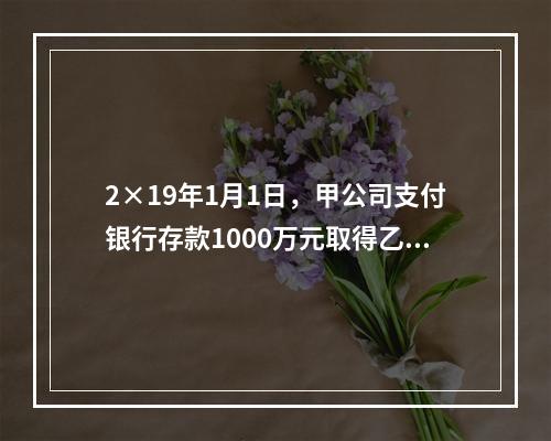 2×19年1月1日，甲公司支付银行存款1000万元取得乙公司