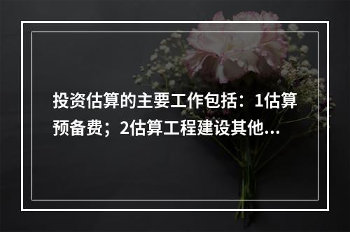 投资估算的主要工作包括：1估算预备费；2估算工程建设其他费；