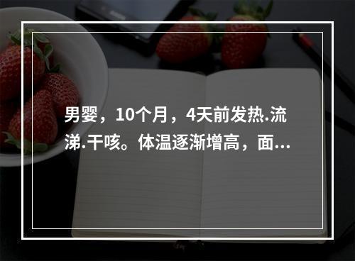 男婴，10个月，4天前发热.流涕.干咳。体温逐渐增高，面.颈