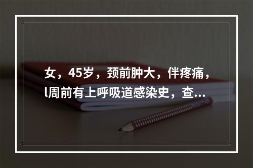 女，45岁，颈前肿大，伴疼痛，l周前有上呼吸道感染史，查体：