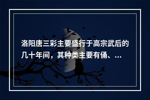 洛阳唐三彩主要盛行于高宗武后的几十年间，其种类主要有俑、器